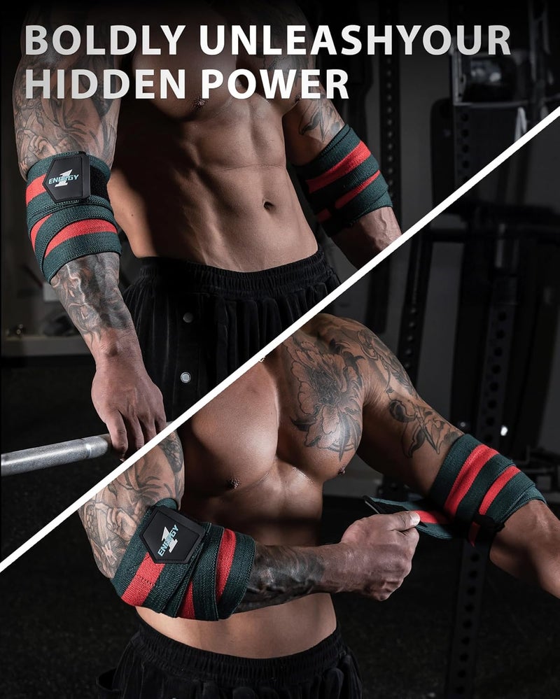 kcross Elbow Wraps for Weightlifting, 47" Strengthening support Elbow Sleeve Weightlifting (1 Pair) for Powerlifting, Bench Press, Gym Workout (Red Green Striped) - Image 4